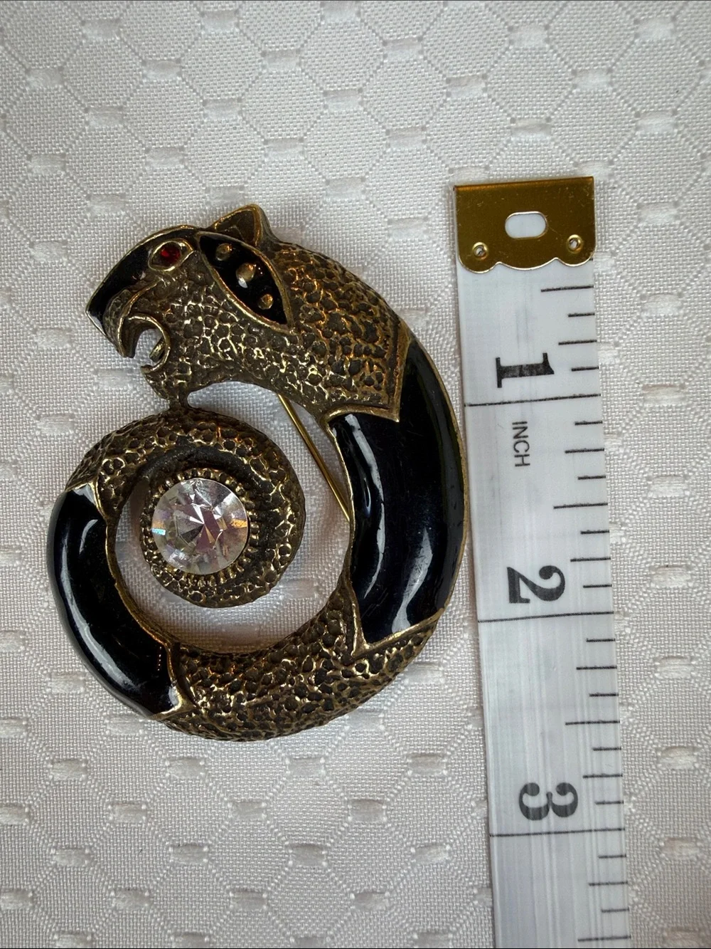 Vintage CORO Brass tone PANTHER Serpent Black Enamel Glass Crystal pin